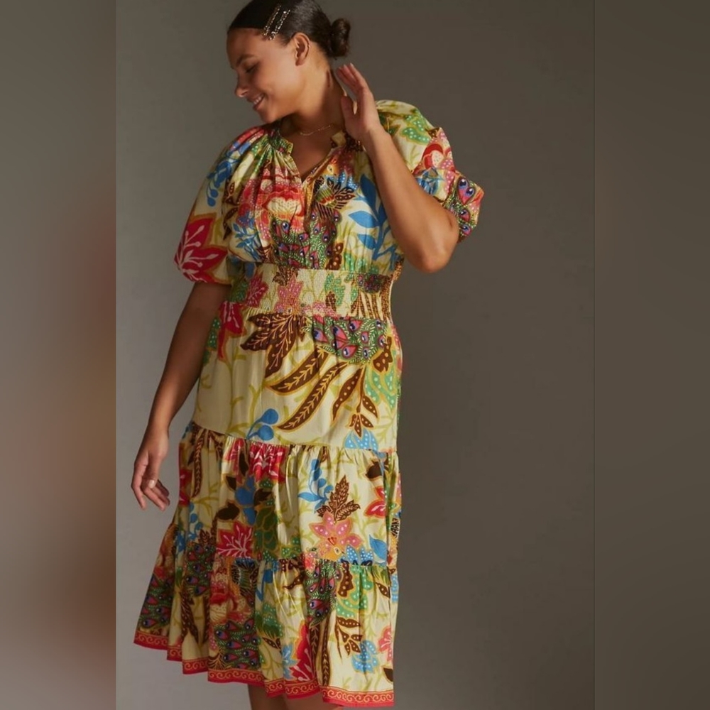 Anthropologie Puff-Sleeved Midi Dress - Yellow Motif 22W